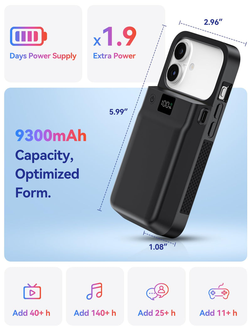 NEWDERY 9300mAh Battery Case for iPhone 17/17 Pro Fast Charging Case Black | Portable Power Bank,USB-C Port, Fast Charging, Protective Rechargeable Charger Case 6.3'' Black