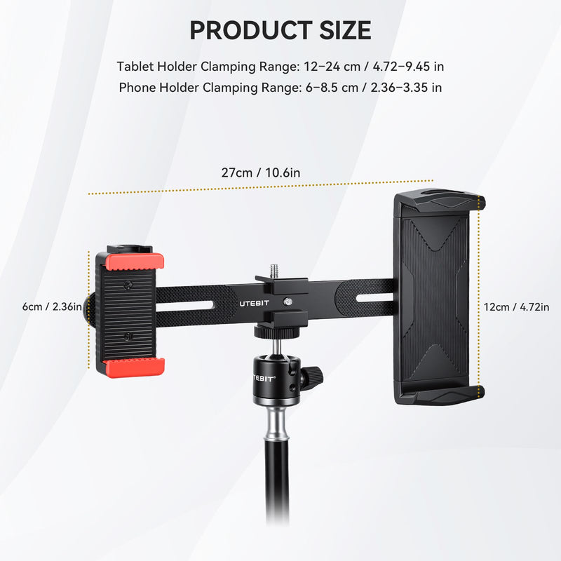 UTEBIT Dual Holder Smartphone and Tablet Tripod Mount Adapter 360° Rotating Ball Head Adjustable Clip Stand Double Phone and Tablet Stand with 1/4'' Screws for Vlogging Video Recording Live Streaming