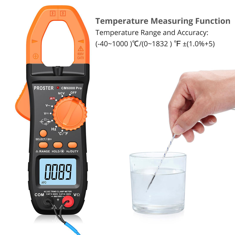 Proster Digital Clamp Meter 6000 Count - 800A DC AC Current Ammeters AC/DC Voltage Multimter, TRMS NCV Continuity Capacitance Resistance Frequency Diode Hz Tester, with Test Leads, Alligator Clips Black 6000Counts