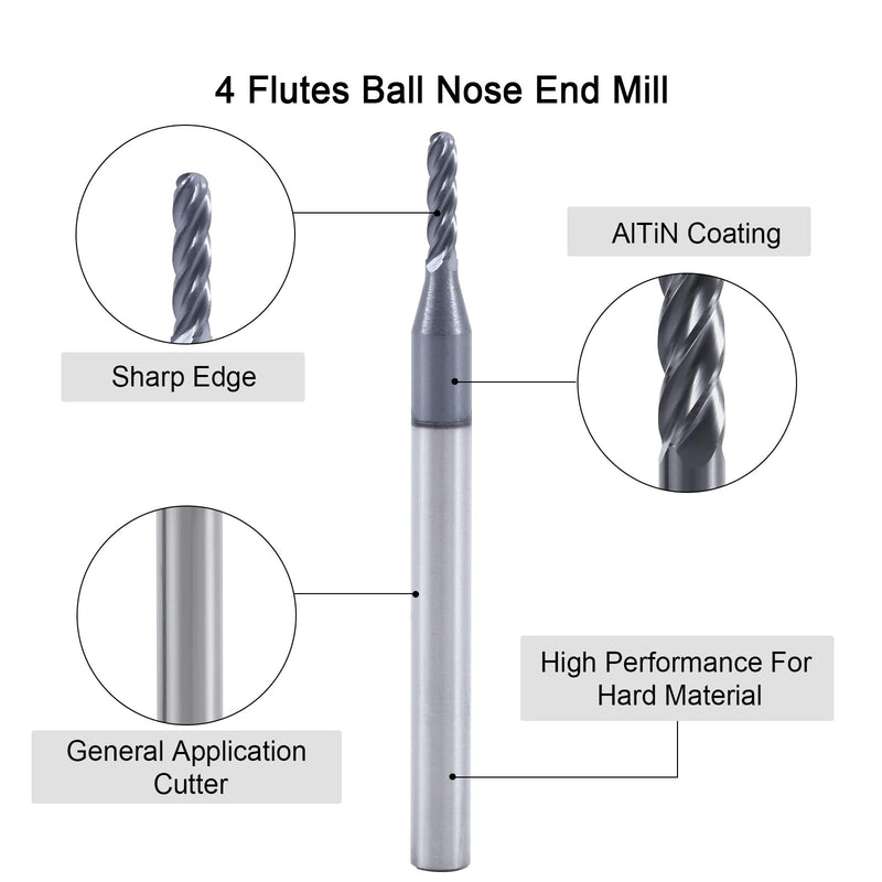 ISB Ball Nose End Mill Cutter, 1/16" Diameter, 1/8" Shank Diameter, 4 Flute Micro Grain Carbide Mrill Bits CNC Router Bits for Hardened Steel, Stainless Steel, Alloy Steel, Aluminum, Suitable 1/16 in 5