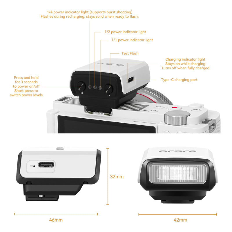 ORDRO FL-10 Mini Camera Flash Camera Flash Speedlite for Fuji/Sony/Nikon/Canon, Digital Film Cameras, Portable Mini hot Shoe Flashlight for DSLR Cameras (White)