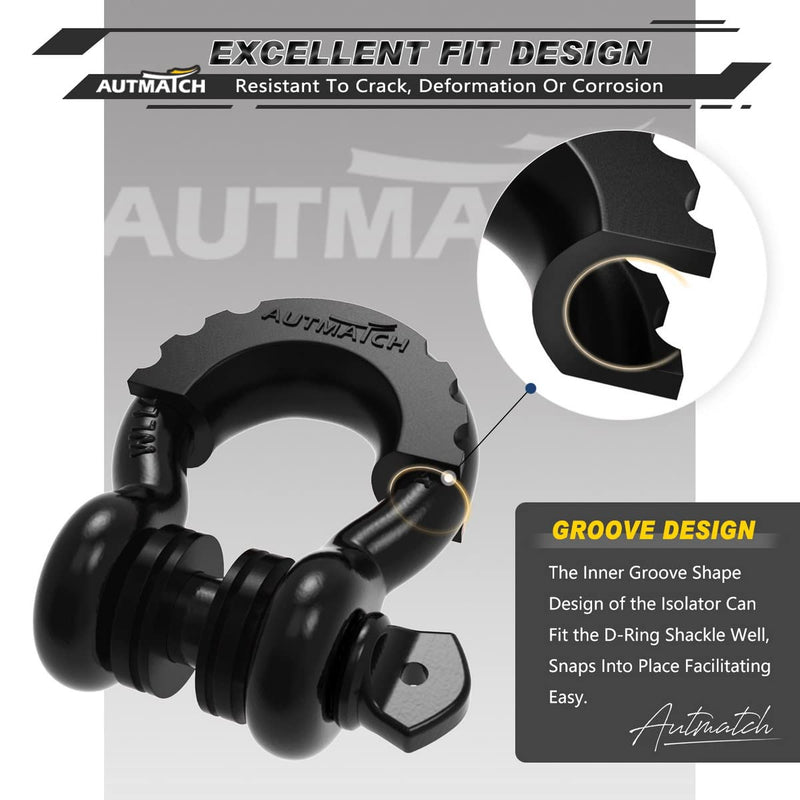AUTMATCH D Ring Shackle Isolators Washers Kit - 2 Rubber Shackle Isolators with 8 Washers, Fits 3/4 Shackles Protect and Prevents Rattling - Shackle Cover Black 3/4 Shackle Isolator & Washer