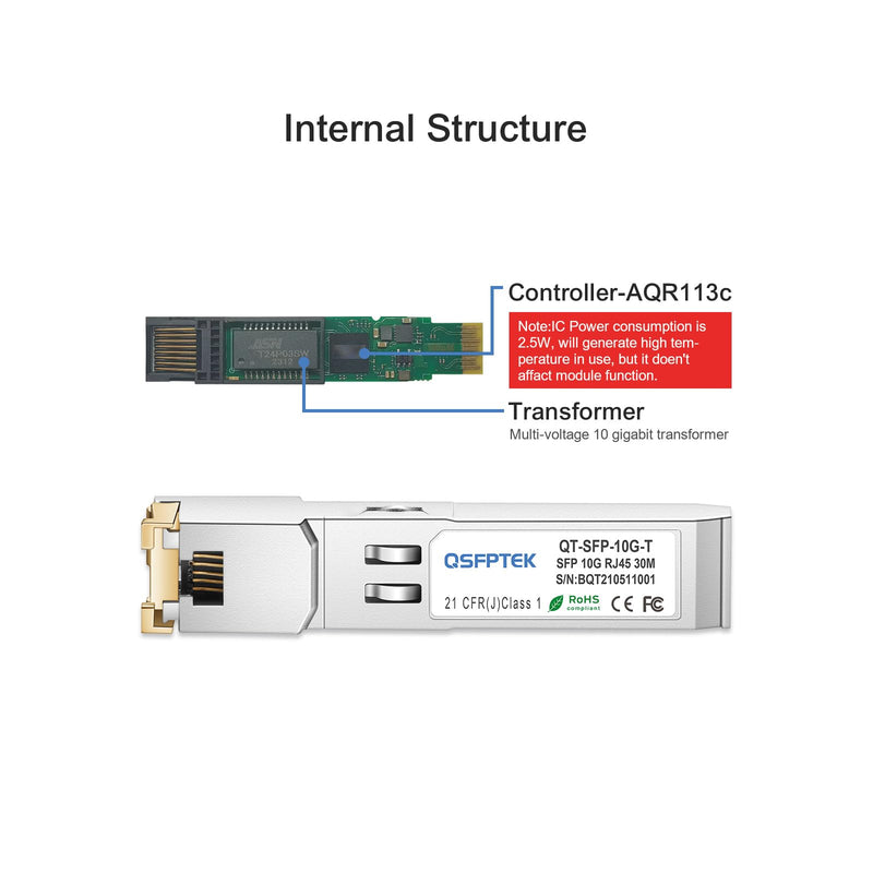 QSFPTEK 10GBase-T SFP+ to RJ45, 10G Copper Module, 10Gbe T Mini Gbic 10 Gigabit Ethernet Adapter SFP Transceiver for Arista SFP-10GE-T, Mikrotik, Ubiquiti & Open Switches & Routers, up to 100ft/30M 10GBase-T: 30m