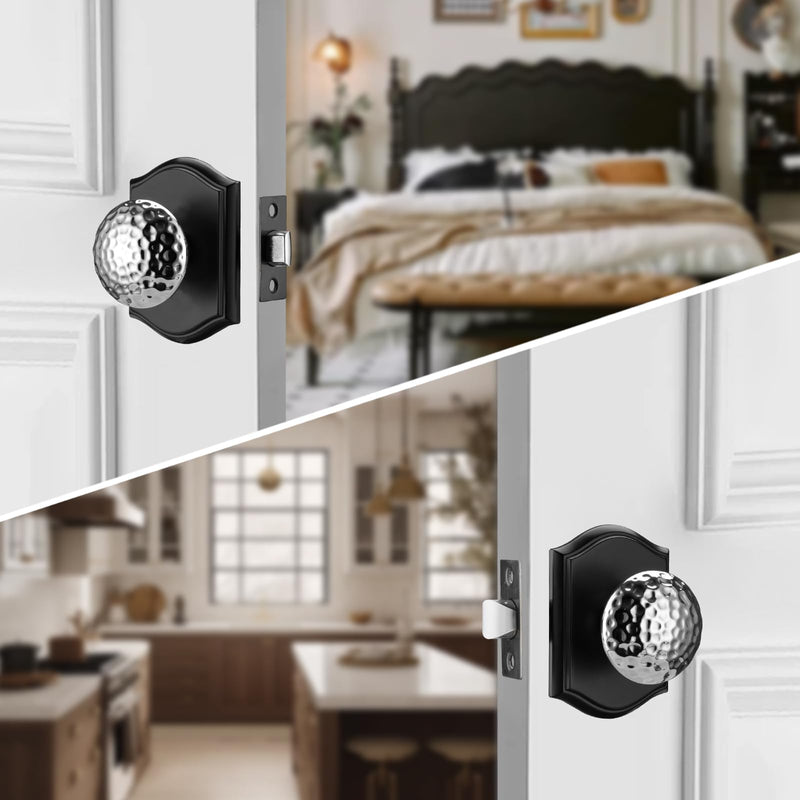 Black Door Knobs with Camelot Trim, Interior Door Handles for Bath & Bed, Heavy Duty Door Knob with Lock Classic Matt Black