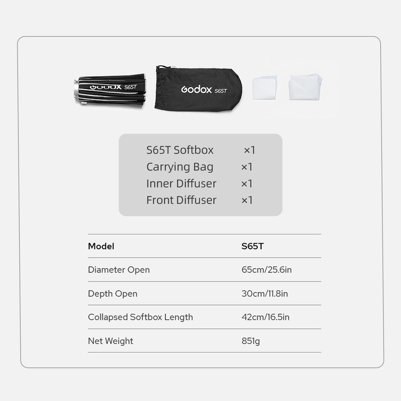 Godox S65T 65cm/25.6in Quick Release Umbrella Softbox Professional Foldable Softbox with Standard Bowen Mount & Diffusers for Photography Studio 65cm/25.6in Softbox
