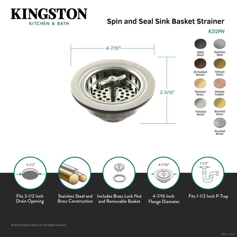 Kingston Brass K212BB Tacoma Spin and Seal Sink Basket Strainer, Brushed Brass
