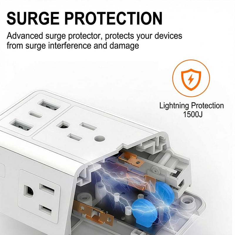 6-Outlet Surge Protector with 3 USB Ports & Night Light, 1500J Wall Outlet for Home Office