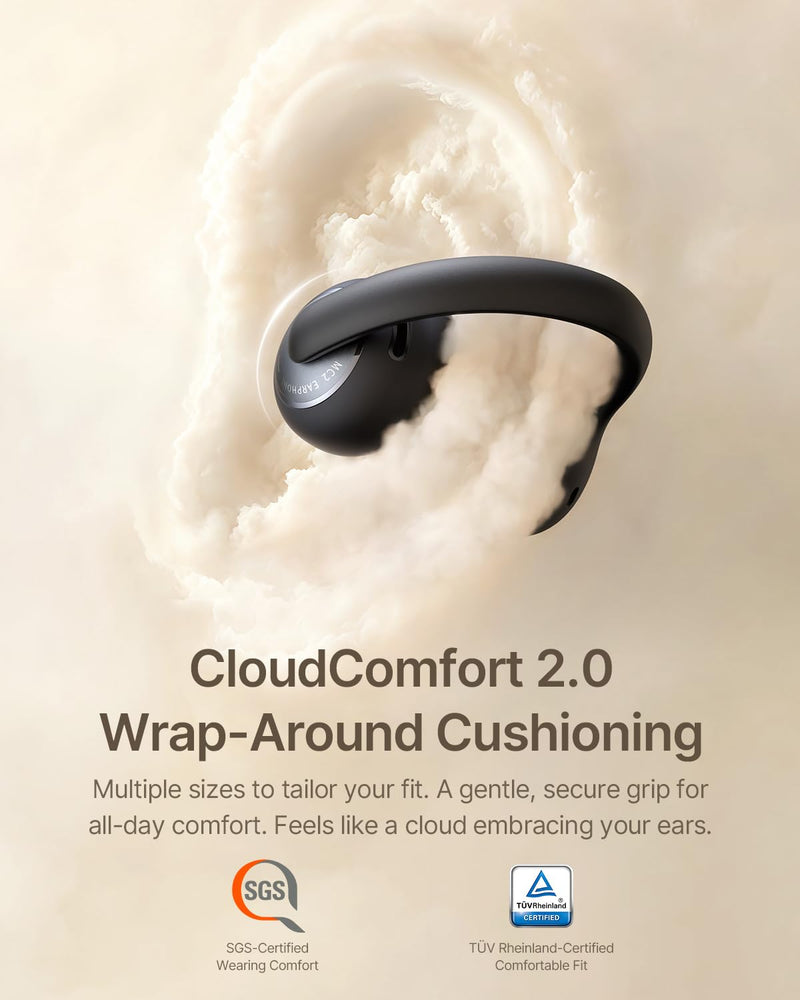 Baseus Bowie MC2 Open Ear Clip On Earbuds, CloudComfort 2.0 Wrap-Around Design, LDAC Hi-Res Audio, Bluetooth 6.0, 55H Playtime, 4-Mic AI Clear Call, IP67 Waterproof for Running Gym Workouts Black