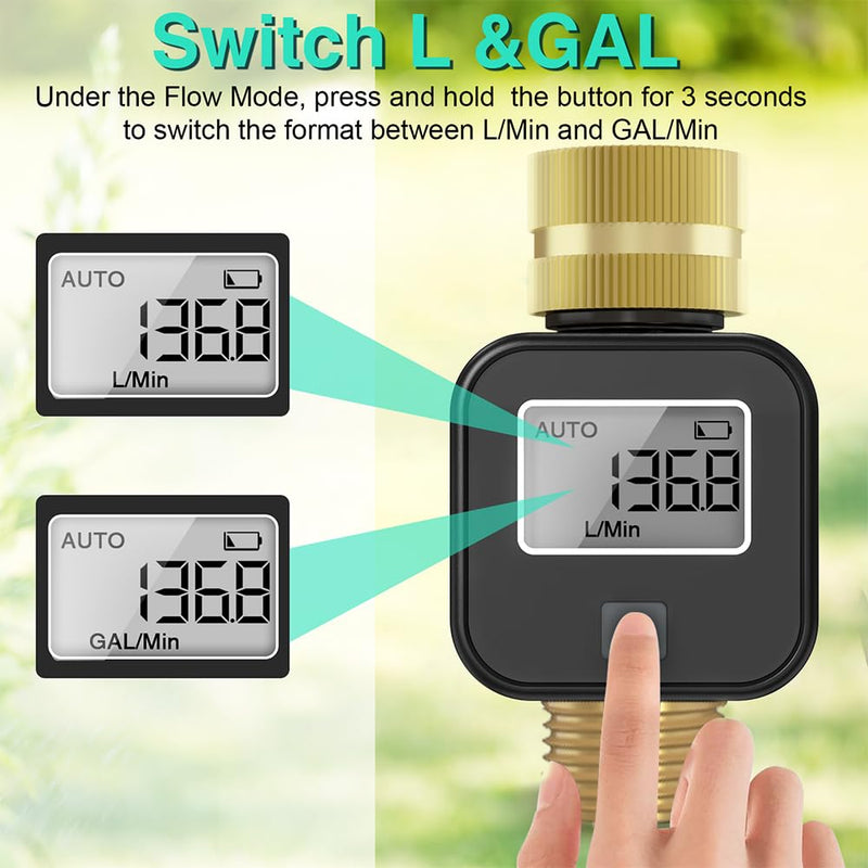 Water Flow Meter with Brass Metal Thread, Measures Gallons/Liters & Flow Rate – Ideal for RV Water Tank Filling, Garden Hose Watering, Lawn Sprinklers & Nozzle Sprayers