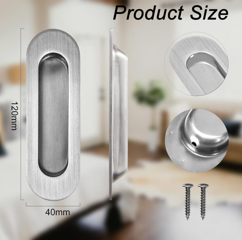 Recessed Door Handle Flush Pull 4.7 Inch Sliding Closet Door Handle Oval Pocket Finger pulls Brushed Stainless Steel (4 Pack) Stainless Steel Brushed(4 Pack)