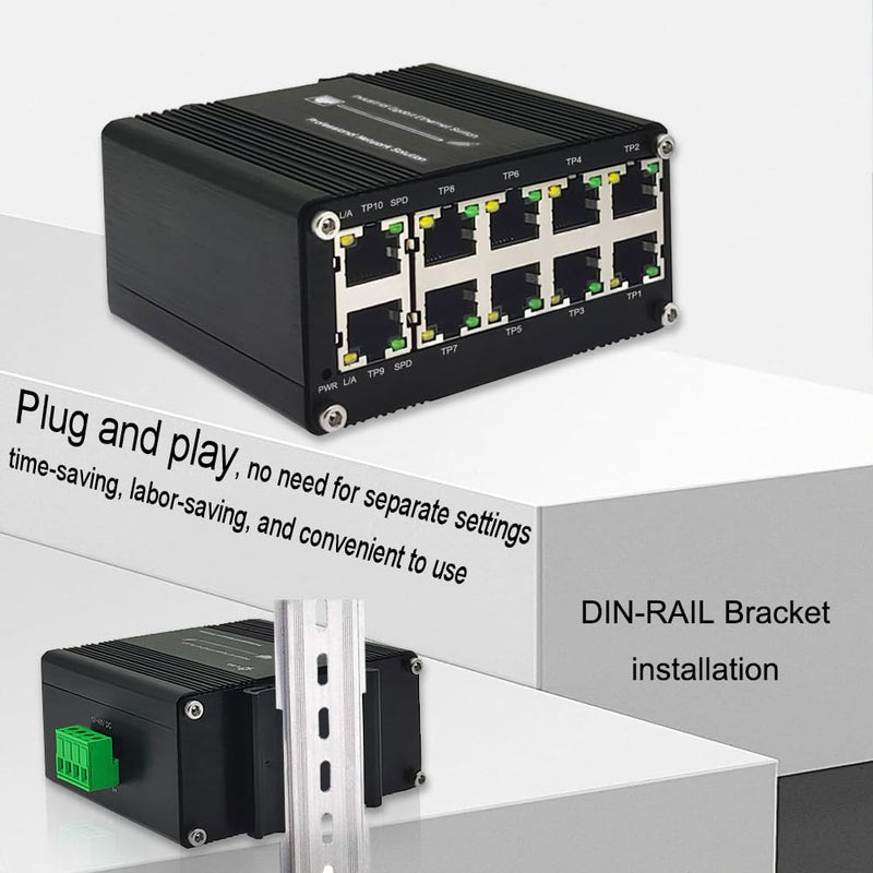 10-Port Gigabit Ethernet Switch - Industrial-Grade Unmanaged Network Hub with Din-Rail or Wall Mount, Full Duplex Desktop,Fast Connection,Plug and Play, Rugged Metal Case, Wide Temperature Range