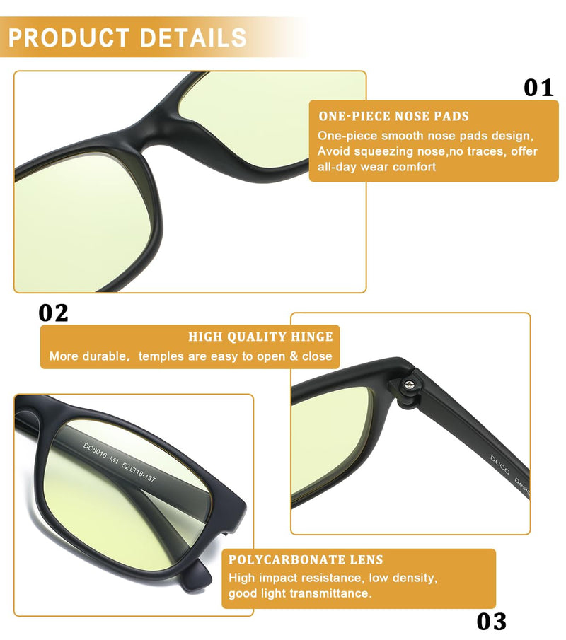 DUCO Blue Light Blocking Glasses Gamer Glasses And Computer Gaming Glasses 8016 Matte Black Frame Amber Lens