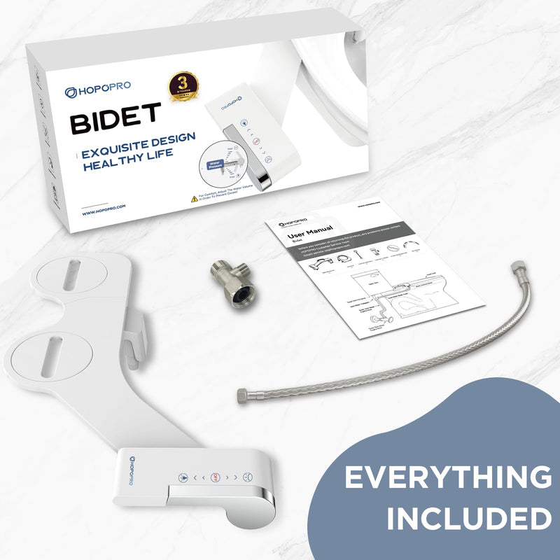 HOPOPRO Bidet Attachment for Toilet, Non-Electric Bidet Ultra-Slim Dual Nozzle (Feminine/Rear Wash), Cold Water Bidets Sprayer for Existing Toilets with Adjustable Pressure Control 1-Min Install 2 Modes White