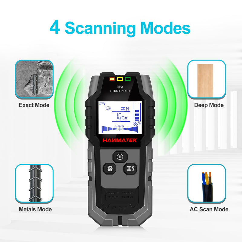 HANMATEK Stud Finder Wall Scanner - 5 in 1 Electronic Wall Wood Stud Finder,Audio Alarm and HD LCD Display with Updated Positioning Hole for Center and Edge of Wood AC Wire Metal Studs Joist Pipe Gray