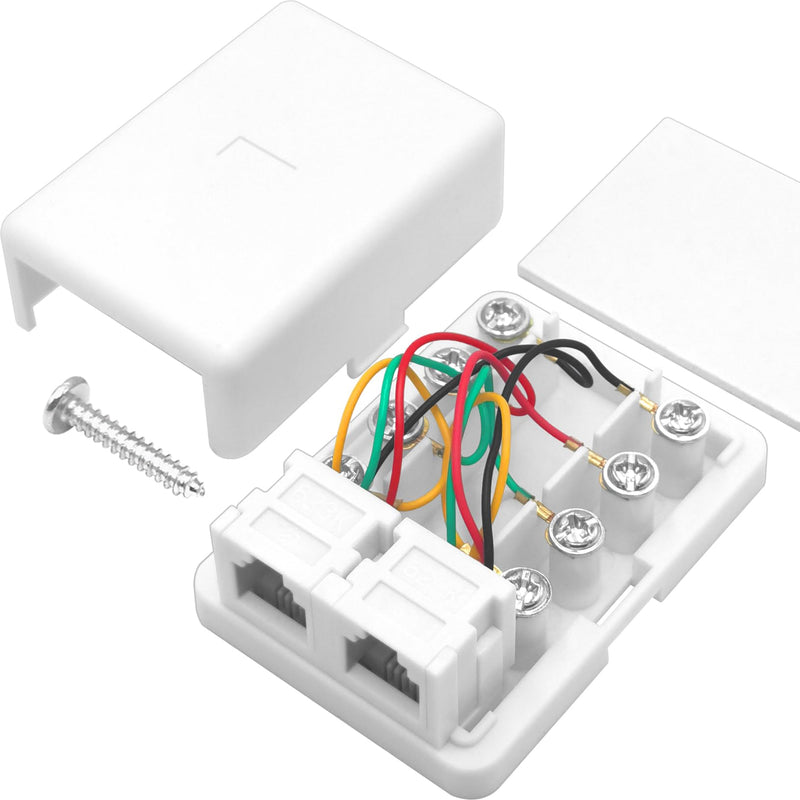 Phone Jack Surface Mount Dual Port for 2 Phone Line Telephone Jack Box 8 Screw Terminals to 2 RJ11 6P4C Female White 2in2out White