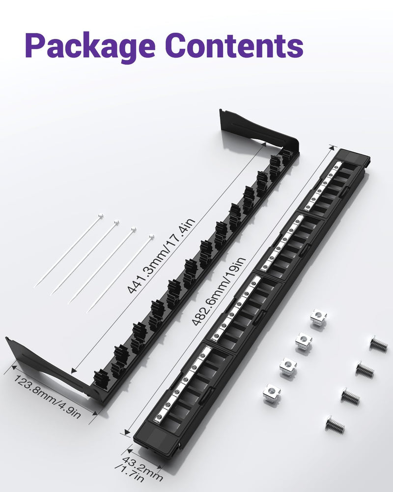 VCE Cat6 Patch Panel 24 Port, 1U Blank Removable Panel with Adjustable Rear Cable Management Bar for RJ45, HDMI, Coax, Speaker Keystones, 19 inch, 1 Pack