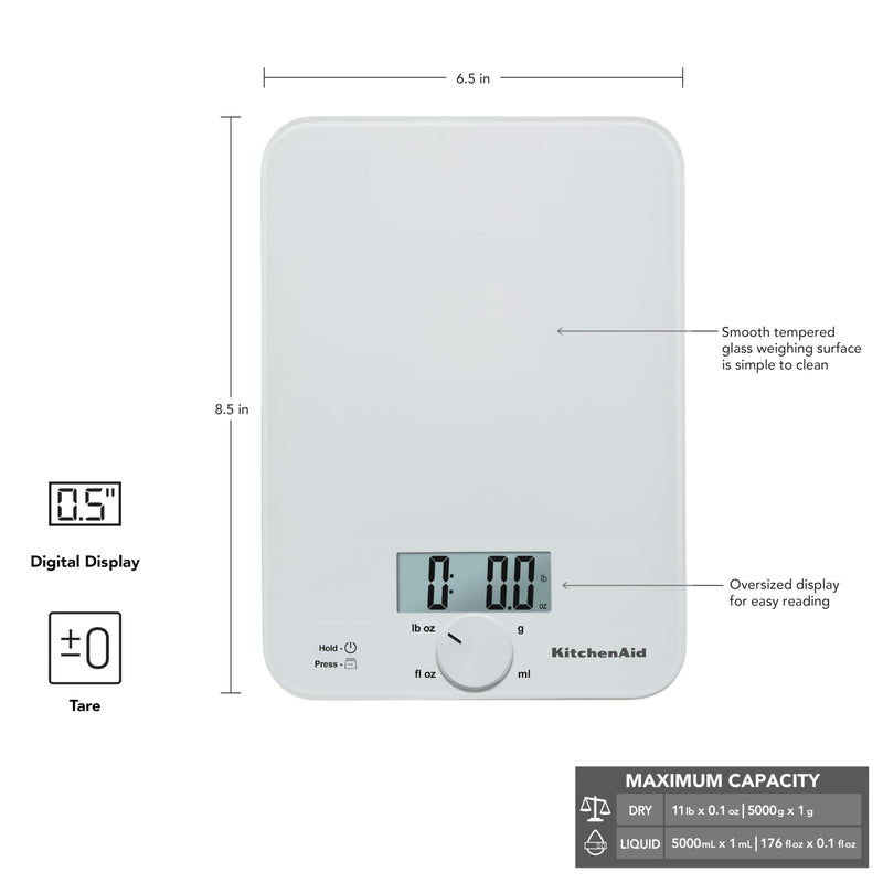 KitchenAid KQ914WH Glass Surface 11 Pound Capacity Digital Kitchen and Food Scale, Scale for Food Ounces and Grams, Dry and Liquid Ingredients, White