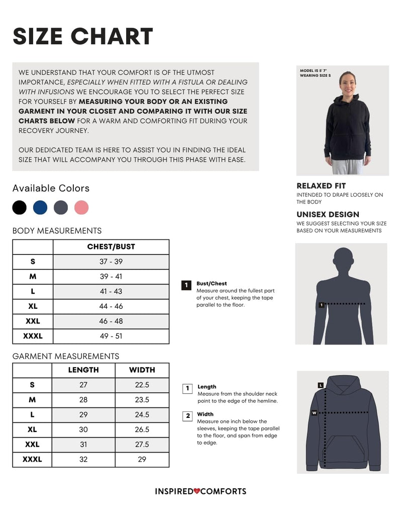Inspired Comforts Unisex Dialysis & IV Access Hoodie – Dual Arm Zippers, Thumbhole Sleeves & Pockets Black Medium
