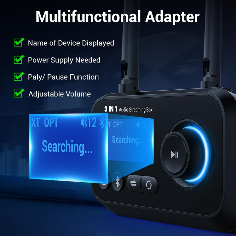 3-in-1 Low Latency Bluetooth 5.3 Transmitter for TV Audio Receiver Adapter for Stereo Long Range W.Screen Volume Control Aux/RCA/Optical Input/Output Surpport Up to 2 BT Headphones BLACK