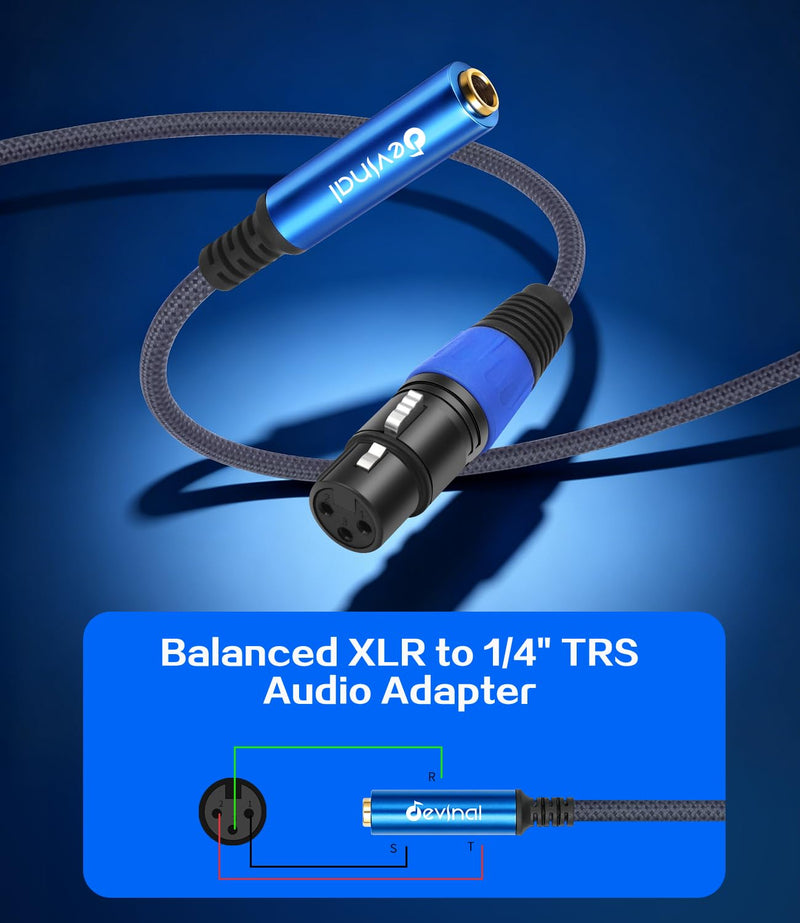 2-Pack XLR Female to 1/4" TRS Stereo Adapter Cable, Balanced 3-Pin Interconnect, 30 cm (1 ft), Durable Nylon Braided Jacket with Color-Coded Gold & Blue Connectors