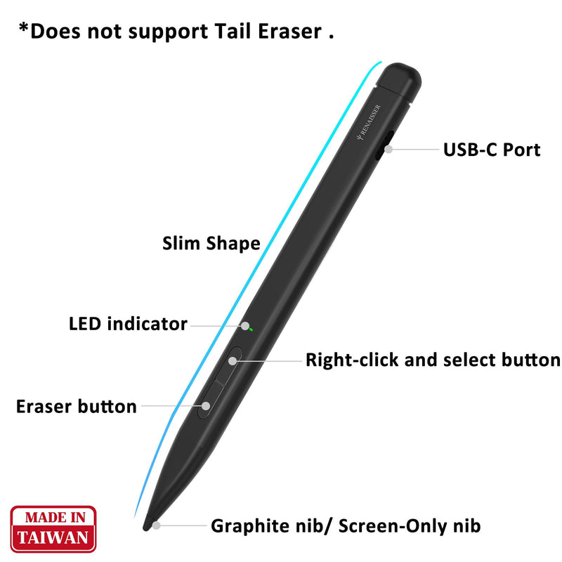 RENAISSER Slim Pen 2 Made for Copilot+ PC Surface Pro 11, Made in Taiwan, Screen-Paper Dual-use Pen Tip, 4096 Pressure of Sensitivity, MPP 2.0, Bluetooth Shortcuts