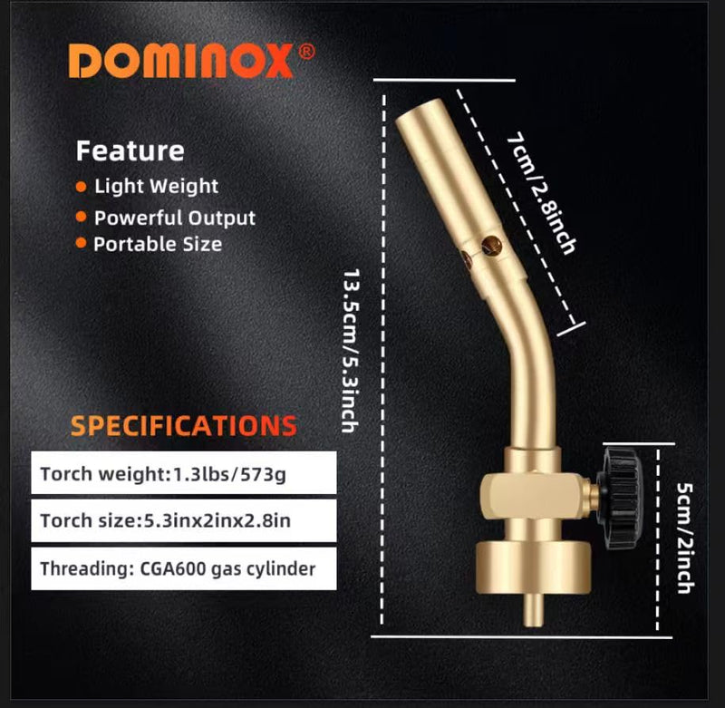 DOMINOX Propane Torch Head, Manual Start Solid Brass Brazing Torch Fuel by Propane CGA600 Cylinder, Blow Torch for Soldering, Brazing, Welding, Thawing and Cooking(Only Torch)