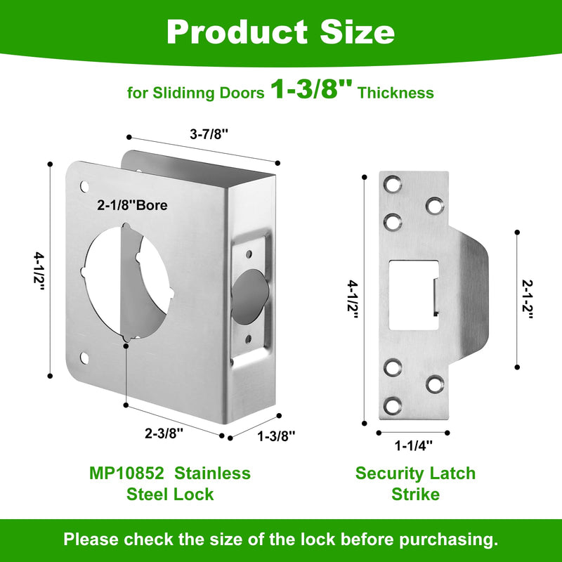2 PackMP10852 Stainless Steel Lock and Door Reinforcement Plate for 1-3/8 inch Thick Doors, and Includes an Extra-Long Door Strike Plate Kit. Silver 2