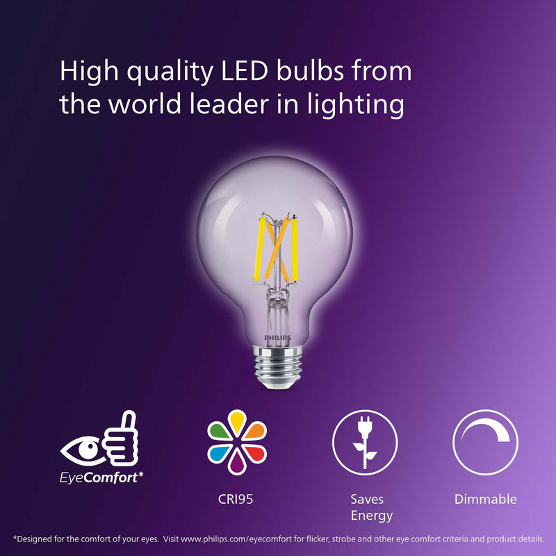 Philips LED 60W G25 8-Pack Ultra Definition Soft White (5W = 65W) Dimmable Clear Flicker-Free Light Bulb