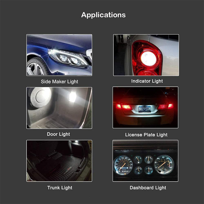 158 LED Bulb W5W 2825 168 192 194, T10 Wedge Base Bulbs 6000K Bright White for Car Side Marker Lights Dome Map Door Courtesy License Plate Taillight 0.5W 10-Pack Cool White