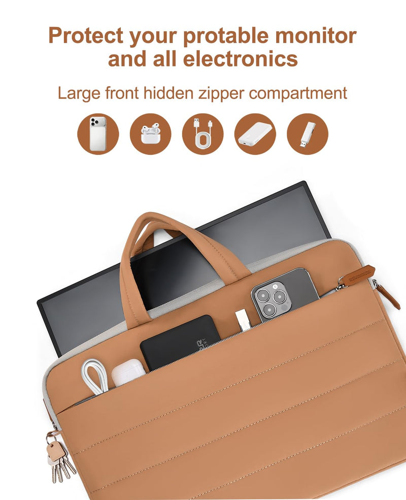 Puffy 15.6 inch Portable Monitor Case Sleeve with Handle | Carrying Bag for 16.1" Travel Display Monitors, Water-Resistant Quilted Laptop Cover for Women with Accessory Pocket Brown