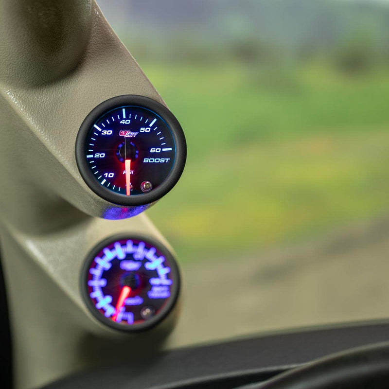 GlowShift Tinted 7 Color 60 PSI Turbo Boost Gauge Kit - Includes Mechanical Hose, 1/8-27 NPT Fittings & Wiring - Multi-Color Display - Black Dial - Smoked Lens - for Diesel Trucks - 2-1/16" 52mm