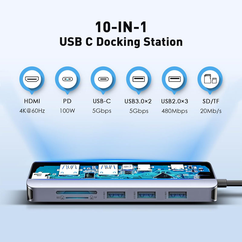 USB C Hub 10-in-1 with 4K HDMI Adapter, SD/TF Card Reader, 100W PD Charging, 2 USB 3.0 Ports, and 3 USB 2.0 Ports for MacBook Pro/Air, Dell XPS, Lenovo ThinkPad, etc. 10-in-1-HDMI