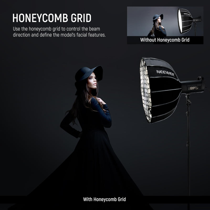 NEEWER 25.6"/65cm Softbox Parabolic Hexadecagon, Quick Setup/Fold Like Umbrella with Bowens Mount, Metal Beauty Dish/Diffusers/Grid/Bag for CB200B CB60 MS60B MS60C Compatible with Aputure Godox, NS65U