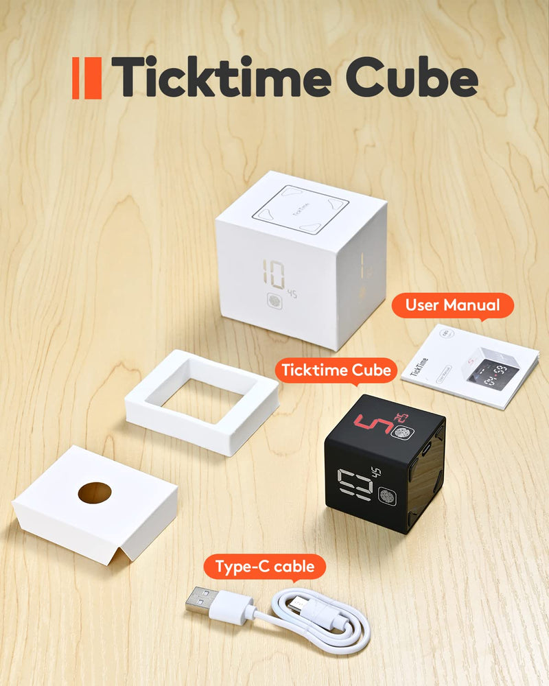 Pomodoro Timer Cube, Productivity Timer, Pause & Resume, Silent, Vibrate & Adjustable Sound Alert, for ADHD, Task, Work, Study, 1/3/5/10/15/25/45/60min & Custom Countdown, Black