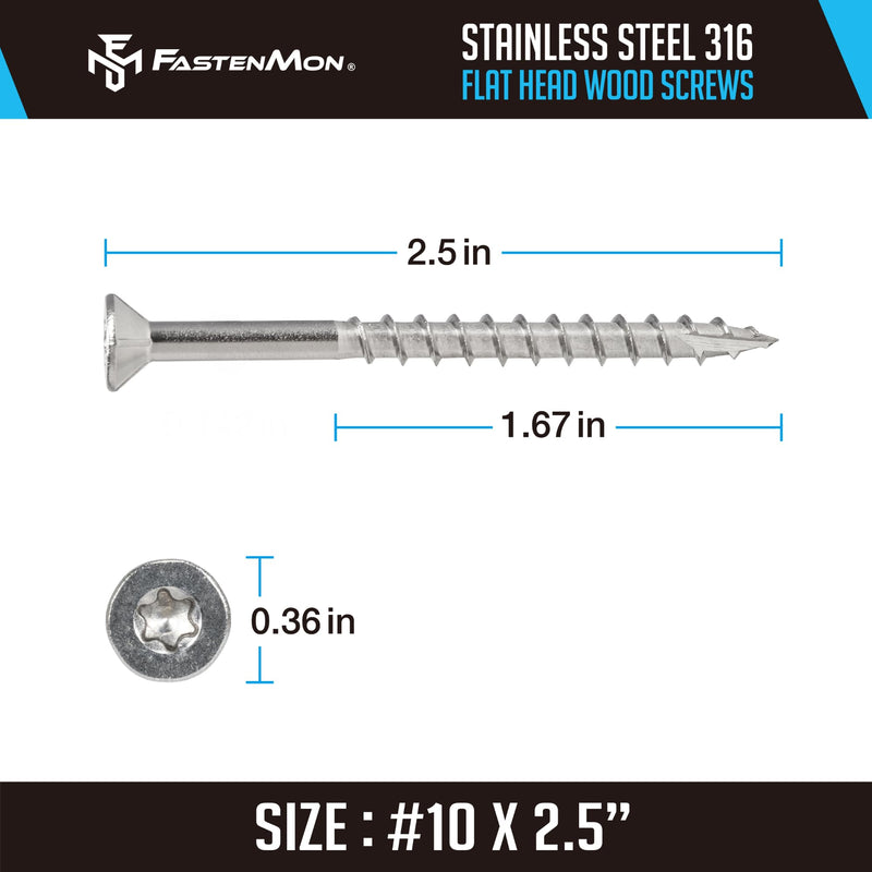 FastenMon #10 x 2-1/2" Marine Grade Type 316 Stainless Steel Wood Screws - 100 Pack with T25 Bit – Torx Flat Head Type 17 Point Ideal for Decks, Fences, and Coastal Construction 100 PCS