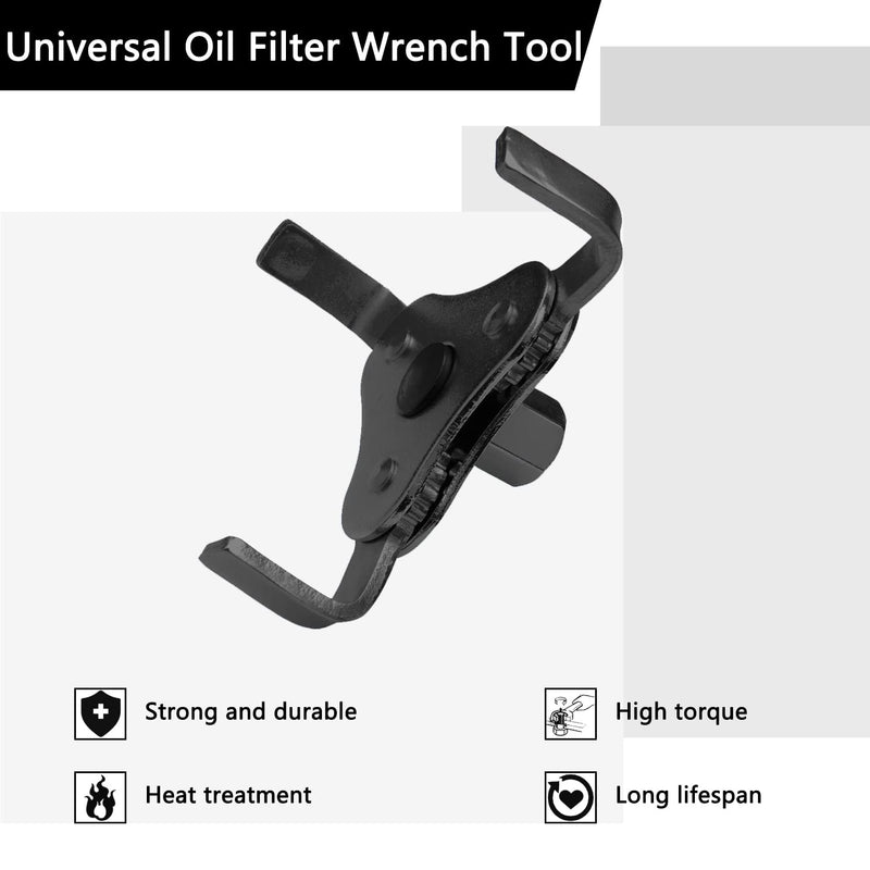 Universal Adjustable Oil Filter Wrench, Carbon Steel, Black, 1/2 & 3/8 Inch Square Drive Socket, 3-Jaw & 2-Way Design Black 2 1/8-4 1/2 Inch