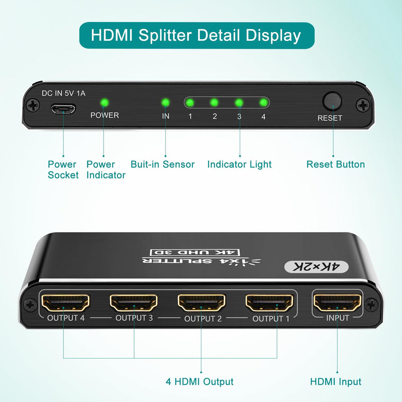 CLOSS HDMI Splitter 1 in 4 Out, 4K HDMI Splitters for Dual Monitors Supports 3D Full HD 1080P Aluminum HDMI Spliter HDMI Adapter for TV Compatible for PS4 Fire Stick HDTV(1 Source to 4 Displays) Black