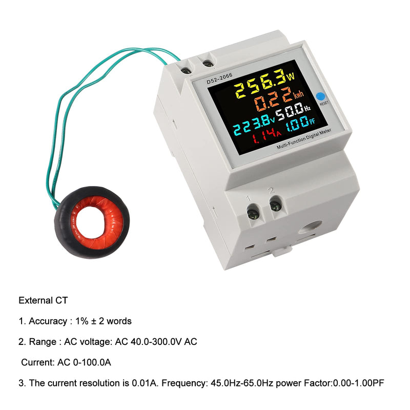 AC Power Meter Digital Voltmeter Ammeter AC 40-300V 100A Din Rail Frequency Factor Current Ampere Voltage Energy Display 6 in1 Single Phase Multifuction Electricity Usage Monitor (External CT) External CT