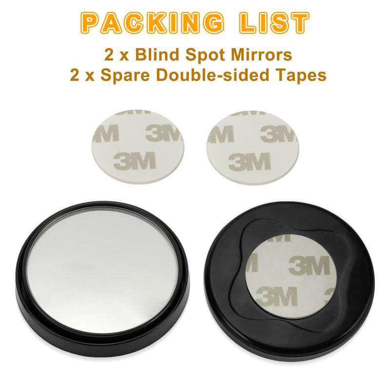 PSLER 2" Round HD Glass Convex Rear View Mirror with Frame, 360 Wide Angle Side View Mirror Accessories with Self Adhesive Back for Car, SUV and Trucks, Black