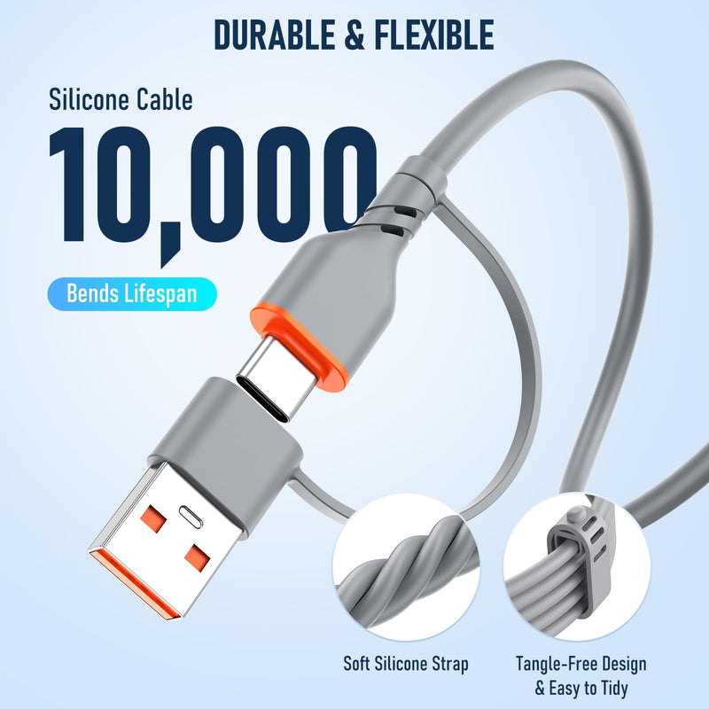 Travel Essentials 3 in 2 Multi Charging Cable 100W USB A/C to Dual USB C/for Apple Watch Charging Cable Silicone Fast Charge Compatible with iPhone 17-15 Series iPad MacBook, Type-C Devices 5FT-Grey Grey