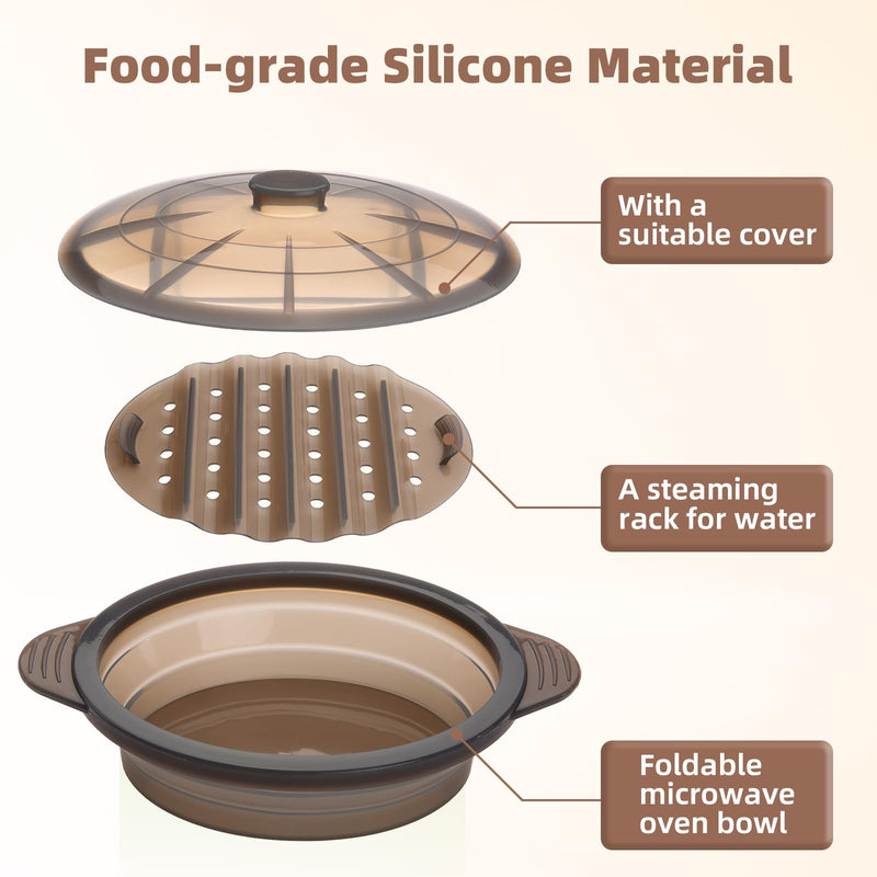 Microwave Steamer Cooker Collapsible Bowl-Silicone Steamer Cookware with Handle Lid for Vegetables Fish Prep Meal Food with Removable Rack BPA Free, Easy to Store, Freezer & Dishwasher Safe, Large Black
