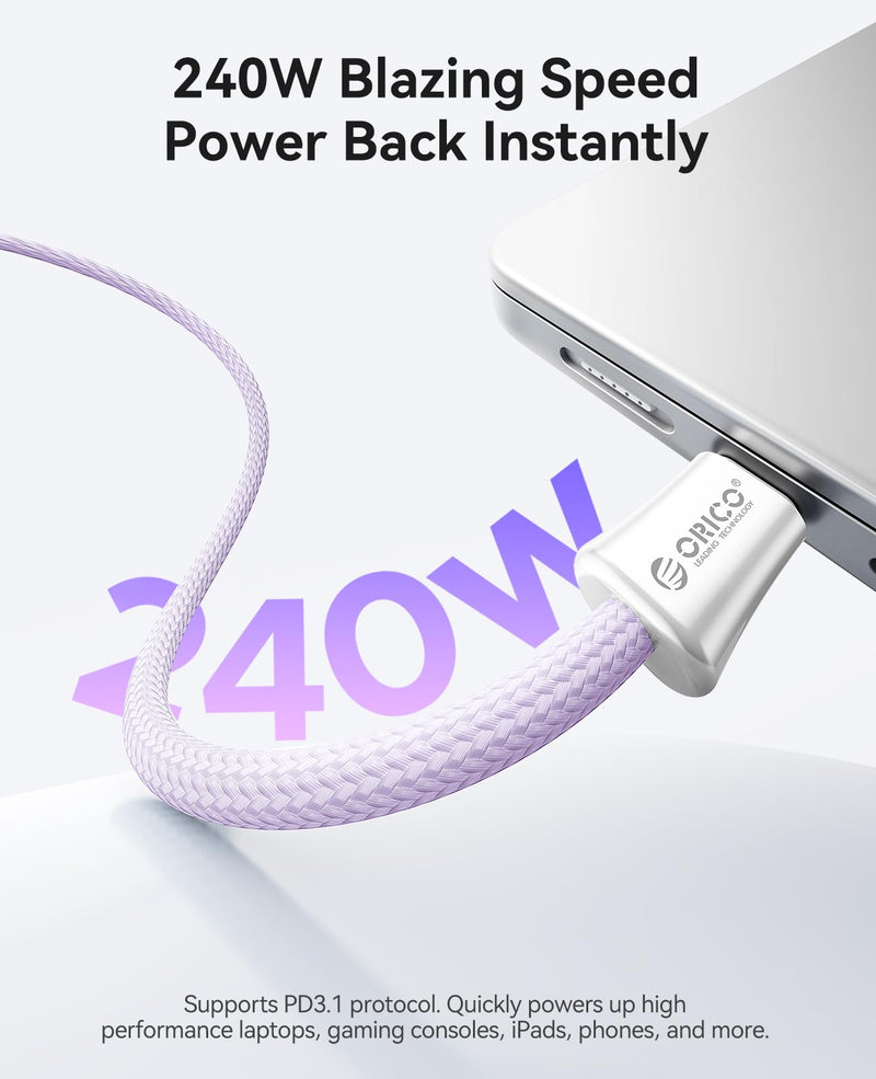 ORICO 240W USB C to USB C Cable 3.3ft Nylon Braided Fast Charging Cord | PD 3.1 / E-Marker Chip & Matching Cable Organizer, Compatible with MacBook Pro, iPhone 17, Samsung S24, iPad