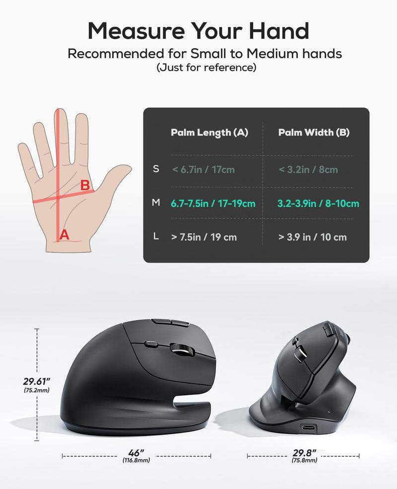 Nulea Ergonomic Vertical Wireless Mouse with Horizontal Scroll Wheel | Bluetooth And 2.4G Rechargeable Mouse With 6 Buttons, 3 Device Switching, Long Battery Life For PC And Mac