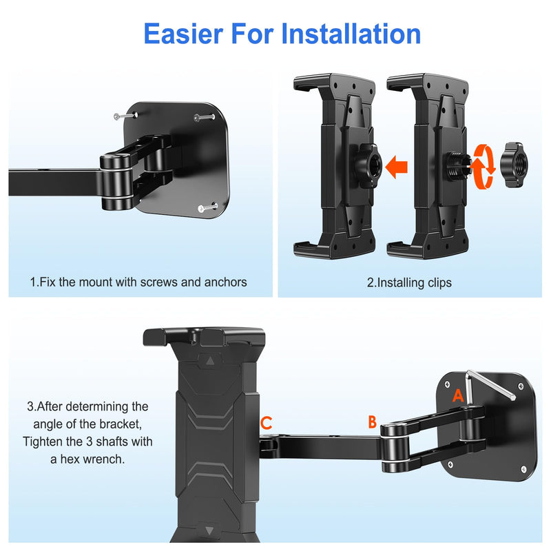 Aluminium iPad Wall Mount Holder, Adjustable for 4.7-17.3" Devices | Foldable Arm, 360° Rotation, Extendable. Fits iPad Pro/Air/Mini, Galaxy Tab & All 4.7-17.3" Phones/Tablets