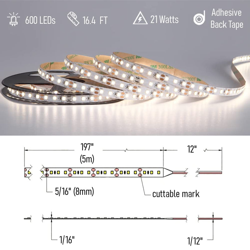 RV Flexible LED Strip Light 12V Dimmable Tape Light 16.4 ft 600 LEDs Width 5/16” for Camper Van Motorhome Truck Trailer Interior Lighting, 2000 Lumen CRI 90+ Indoor Only (6500K) 6500K