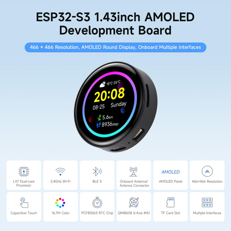 Waveshare ESP32-S3 1.43inch AMOLED Display Development Board, 466×466, QSPI Interface Round Display, Onboard Accelerometer and Gyroscope Sensor, RTC Chip, Without Case