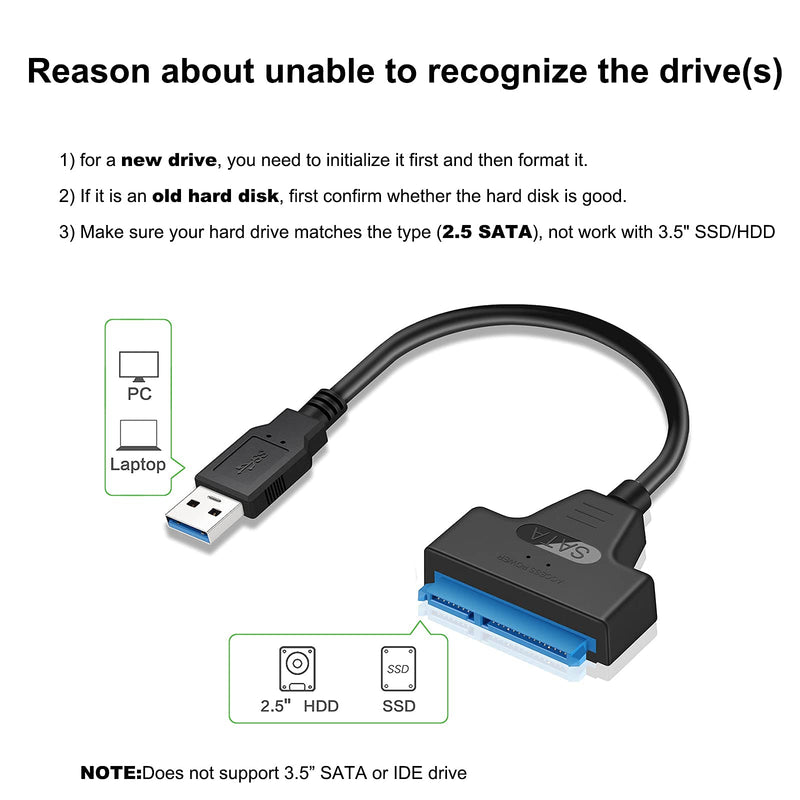 SATA to USB 3.0 Adapter Cable for 2.5 inch Hard Drive HDD/SSD Data Transfer, External Hard Drive Converter Support UASP (Black) Black