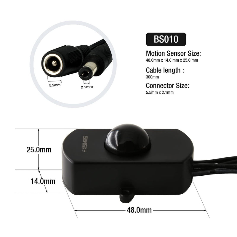 2 Pack Sensky BS010H DC 12V to 30V 3A Mini Pir Motion Sensor Switch,Occupancy Sensor Switch for Kitchen Cabinet, Pantry, Closet led Lighting (Delay Time, Sensor Distance, Adjustable) 2 Piece,Black-Without Light Sensor