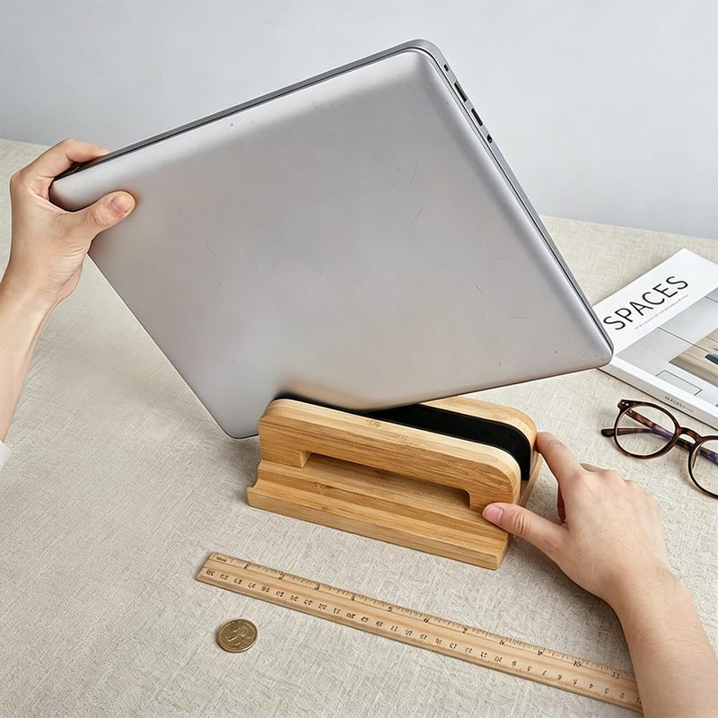 PH PandaHall 3 Slots Vertical Laptop Stand Wooden Laptop Holder Space-Saving Non-Slip Tablets Organizer Desktop Tablets Storage Adjustable Dock Stand for Mobile Phone Computer Keyboard Organizer