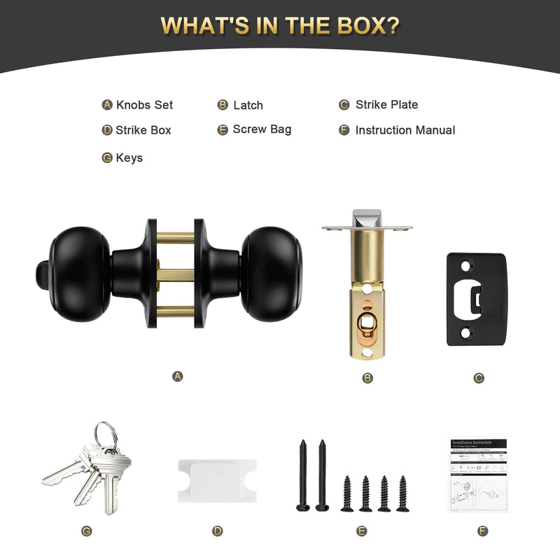 3 Pack Keyed Entry Door Knob, Entrance Door Lock, Keyed Different, Flat Ball, Matte Black Interior and Exterior Entry Door Knobs 3